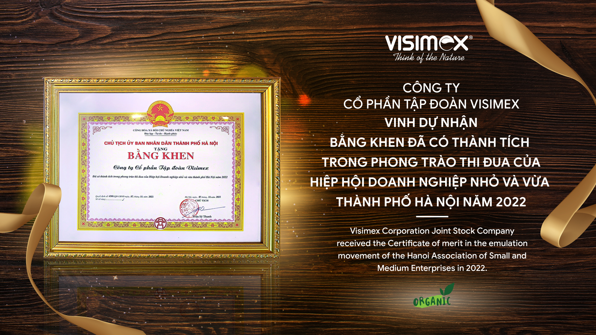 Last week, Visimex Corporation was honoured to receive the Certificate of Merit from the Hanoi People's Committee in "The Ceremony to honour Thang Long Entrepreneurs and Enterprises in 2022” with the theme "Corporate culture of integration and development". 